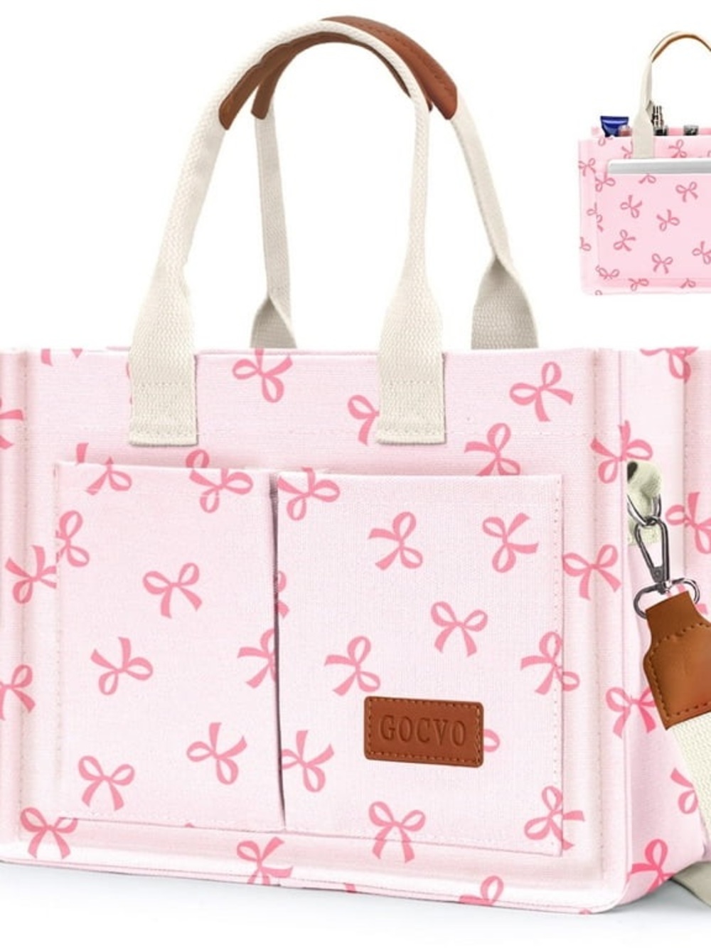 Canvas Tote Bag for Women, Large Multi-Pocket Shoulder Handbag, Pink Bow W